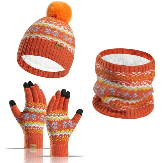 WREESH Women's Winter Snowflake Beanie Set New Thickened Warm Hat, Gloves, and Scarf Three-Piece Set Orange