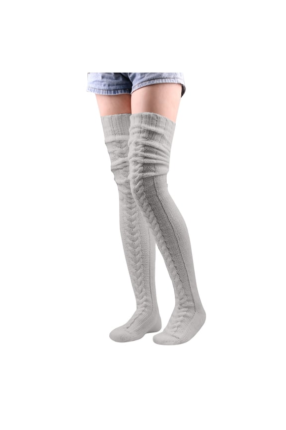 Women's Winter Solid Color Knee High Woolen Socks, Long Tube Pile Thick Thigh-High Socks Gray