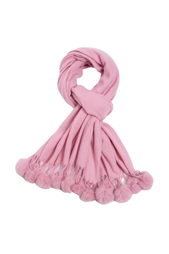 Women's Winter Solid Hanging Ball Blanket Scarf, Warm Shawl for Ladies Pink