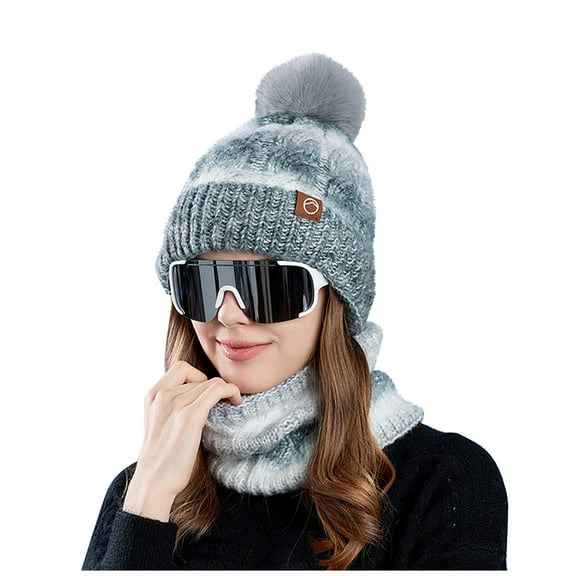 WREESH Women's Winter Warm Hat and Scarf Two-Piece Set Plus Velvet Thick Gradient Color Knitted Wool Pullover Hat With Beanie Neck Warmers Gray