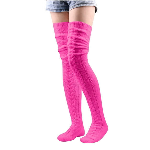 WREESH Women's Woolen Warm Foot Cover Winter Solid Color Knee High Socks, Long Tube Pile Thick Thigh-High Socks Hot Pink