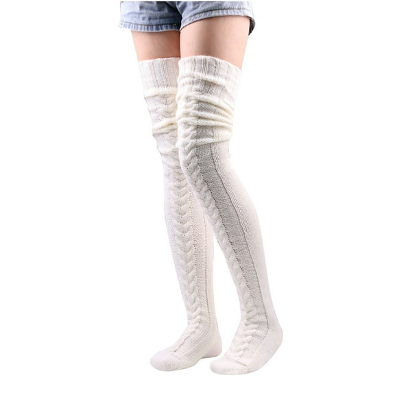 WREESH Women's Woolen Warm Foot Cover Winter Solid Color Knee High Socks, Long Tube Pile Thick Thigh-High Socks White