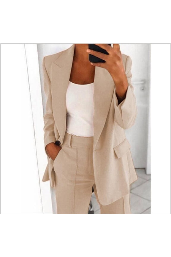 Womens 2 Piece Outfit Solid Open Front Blazer Jacket and Wide Leg Pant Business Casual Suit Sets Beige