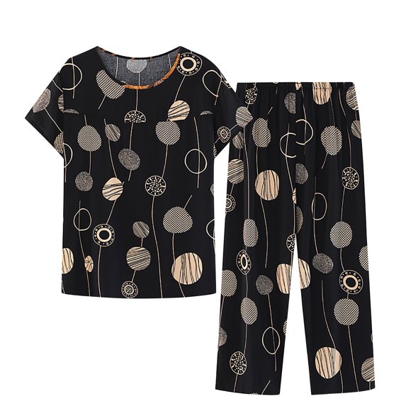 WREESH Womens 2 Piece Pajama Sets Summer Cotton Linen Lounge Set Short Sleeve Round Neck Pajama Set Printed Tops Pants Set Black