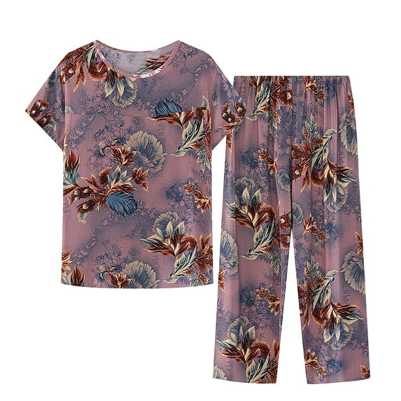 WREESH Womens 2 Piece Pajama Sets Summer Cotton Linen Lounge Set Short Sleeve Round Neck Pajama Set Printed Tops Pants Set Multicolor