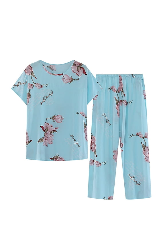 Womens 2 Piece Pajama Sets Summer Cotton Linen Lounge Set Short Sleeve Round Neck Pajama Set Printed Tops Pants Set Sky Blue