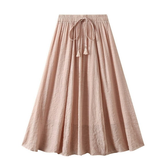 WREESH Womens 2025 Spring Summer Midi Skirt Solid Cotton Linen Dress Fashion A-Line Flared Skirt High Waist Long Skirt Pink