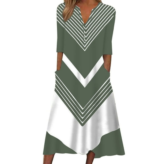 WREESH Womens 3/4 Sleeve A-Line and Flare Midi Long Dress Fashion Summer Printing Causal V-Neck Button Dress with Pockets Green