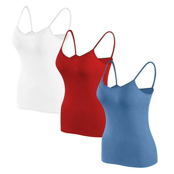 WREESH Womens 3 Pack Camisoles Tops with Built In Padded Bra Solid Color Basic Spaghetti Strap Tank Top Undershirt Blue