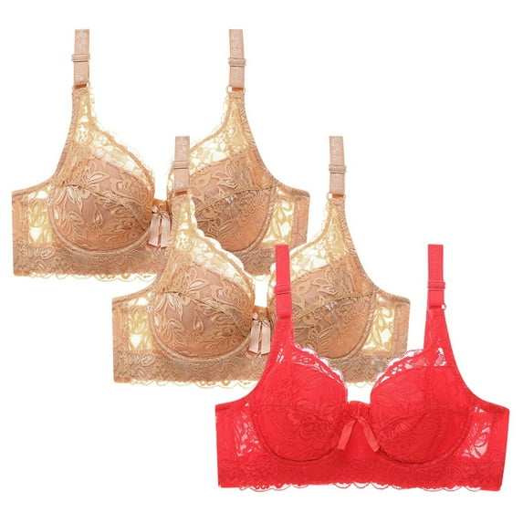 WREESH Womens 3 Pack Lace Bralette Comfortable Push Up Soft Padded Wireless Plunge Bra Adjustable Strap No Underwire Bras Everyday Bra Underwear Khaki