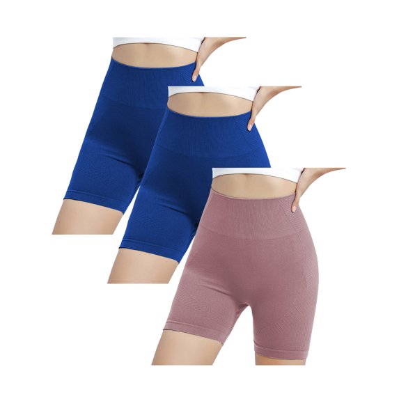 WREESH Womens 3 Pack Yoga Shorts High Waist Tummy Control Athletic Shorts Booty Biker Shorts Running Workout Gym Shorts Blue