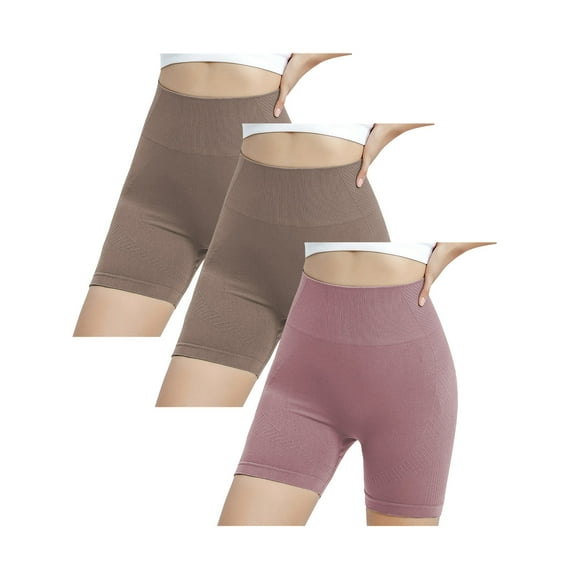 WREESH Womens 3 Pack Yoga Shorts High Waist Tummy Control Athletic Shorts Booty Biker Shorts Running Workout Gym Shorts Khaki