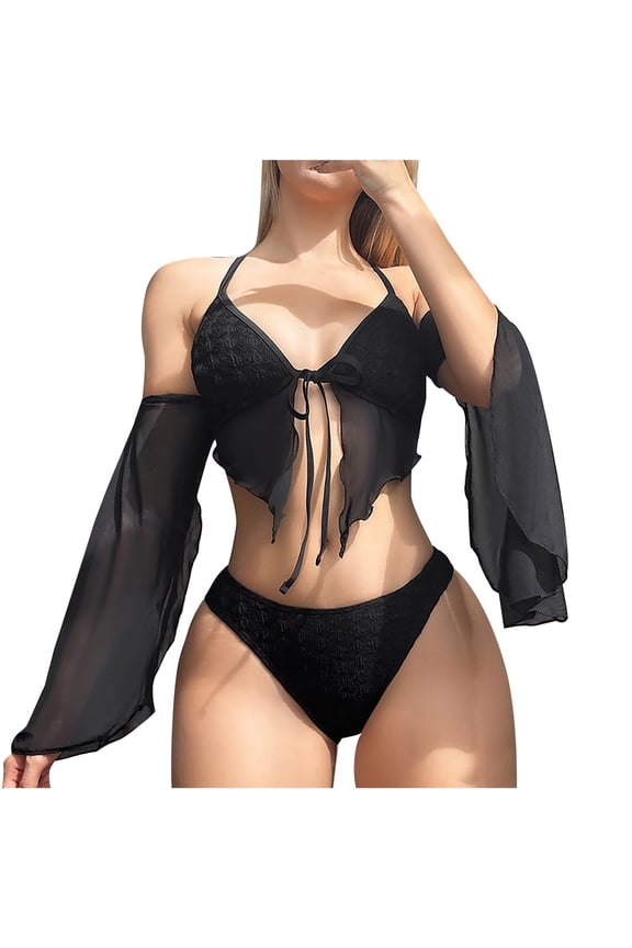 Womens 3 Piece Swimsuits Bikini Set Fringe Bathing Suit New Fashion Split Swimsuit Solid Casual Bikini Swimsuit with Sun Protection Arm Sleeves Black