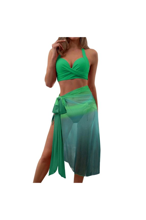 Womens 3 Piece Swimsuits Bikini Set with Sarong Bathing Suit Beach Cover Up Wrap Skirt Fashion Printed Swimsuit Fitting Swimsuit Split Swimsuit Set Green