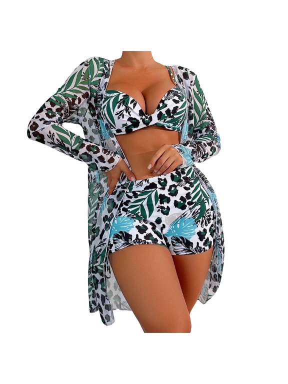 Womens 3 Piece Swimsuits Board Shorts Bikini Set with Kimono Beach Cover Ups Printed Bikini Straps Bikini Deep V Split Swimsuit Set Swimsuit Set Bathing Suit Mint Green