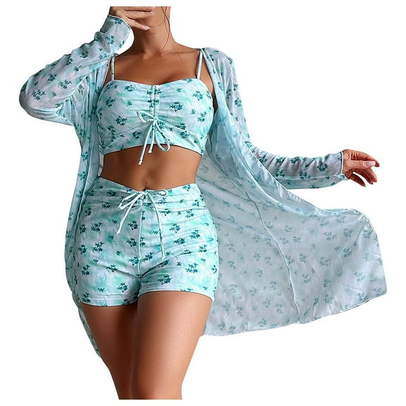 WREESH Womens 3 Piece Swimsuits Board Shorts Bikini Set with Kimono Beach Cover Ups Printed Bikini Straps Bikini Deep V Split Swimsuit Set Swimsuit Set Bathing Suit Mint Green