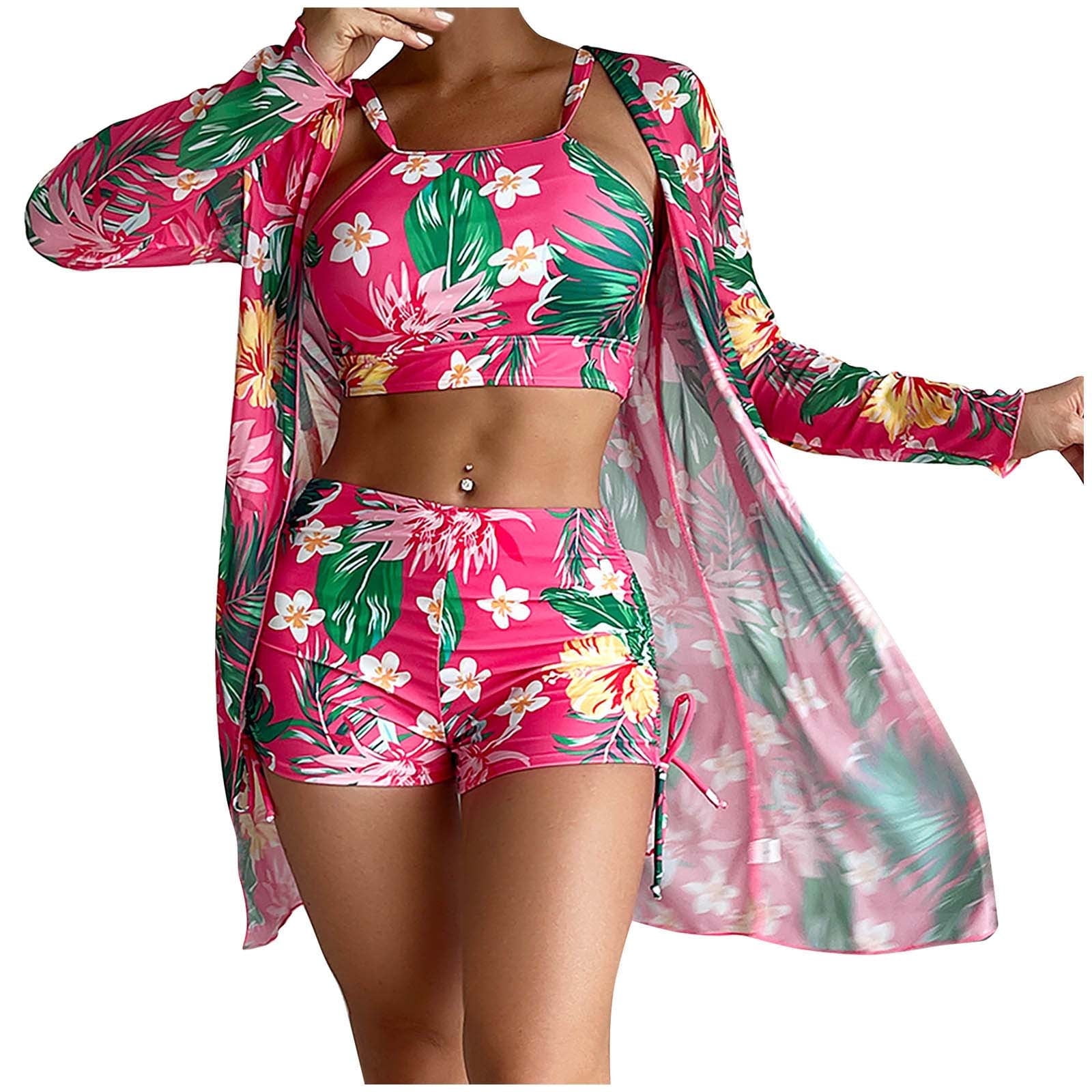 Tropical Print Bikini Boxer Shorts Open Front Kimono 3 Piece Swimwear Set