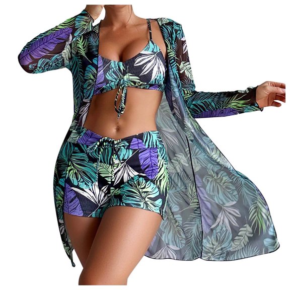 WREESH Womens 3 Piece Swimsuits Board Shorts Bikini Set with Kimono Beach Cover Ups Printed Bikini Straps Bikini Deep V Split Swimsuit Set Swimsuit Set Bathing Suit Multicolor
