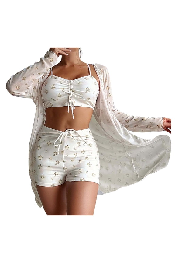 Womens 3 Piece Swimsuits Board Shorts Bikini Set with Kimono Beach Cover Ups Printed Bikini Straps Bikini Deep V Split Swimsuit Set Swimsuit Set Bathing Suit White