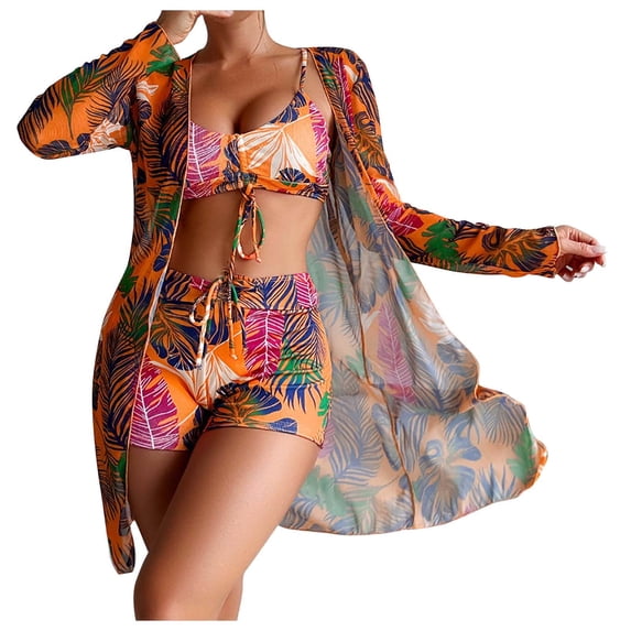 WREESH Womens 3 Piece Swimsuits Board Shorts Bikini Set with Kimono Beach Cover Ups Printed Bikini Straps Bikini Deep V Split Swimsuit Set Swimsuit Set Bathing Suit Orange