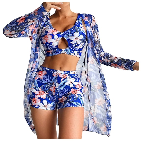 WREESH Womens 3 Piece Swimsuits Board Shorts Bikini Set with Kimono Beach Cover Ups Printed Bikini Straps Bikini Deep V Split Swimsuit Set Swimsuit Set Bathing Suit Blue