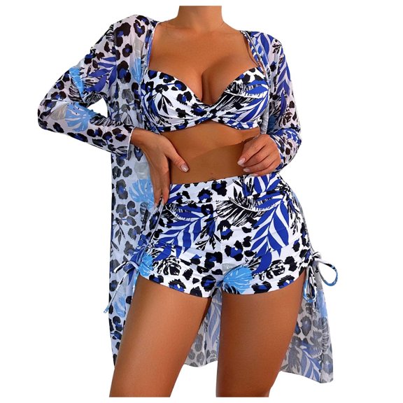 WREESH Womens 3 Piece Swimsuits Board Shorts Bikini Set with Kimono Beach Cover Ups Printed Bikini Straps Bikini Deep V Split Swimsuit Set Swimsuit Set Bathing Suit Blue