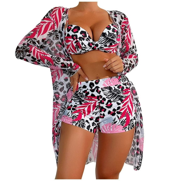 WREESH Womens 3 Piece Swimsuits Board Shorts Bikini Set with Kimono Beach Cover Ups Printed Bikini Straps Bikini Deep V Split Swimsuit Set Swimsuit Set Bathing Suit Hot Pink