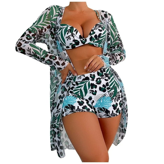 WREESH Womens 3 Piece Swimsuits Board Shorts Bikini Set with Kimono Beach Cover Ups Printed Bikini Straps Bikini Deep V Split Swimsuit Set Swimsuit Set Bathing Suit Mint Green