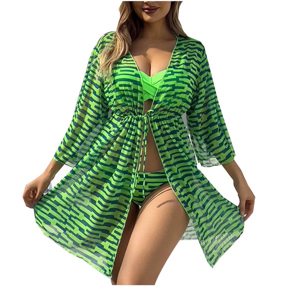 WREESH Womens 3 Piece Swimsuits Print Bikini Set with Kimono Beach Cover Ups Mesh Blue Solid Color Patchwork Top Bow Swimsuit Set Bathing Suit Green