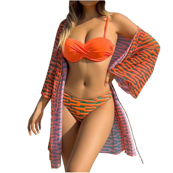 WREESH Womens 3 Piece Swimsuits Print Bikini Set with Kimono Beach Cover Ups Mesh Blue Solid Color Patchwork Top Bow Swimsuit Set Bathing Suit Orange