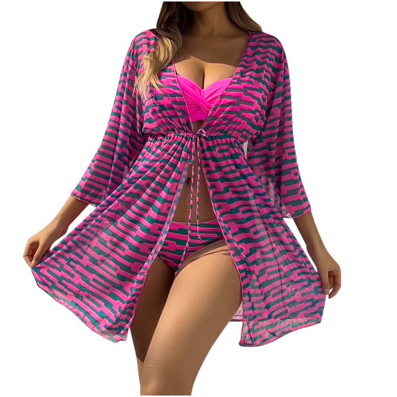 WREESH Womens 3 Piece Swimsuits Print Bikini Set with Kimono Beach Cover Ups Mesh Blue Solid Color Patchwork Top Bow Swimsuit Set Bathing Suit Red