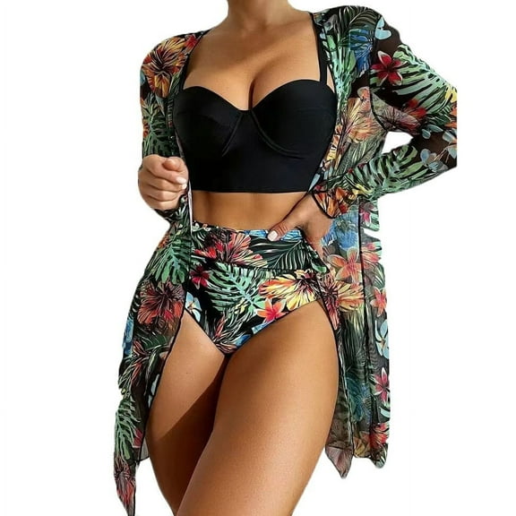 WREESH Womens 3 Piece Swimsuits Tropical Print Bikini Set with Kimono Beach Cover Ups with Chest Pad with Steel Bra Print Split Swimsuit Bikini Bathing Suit Black