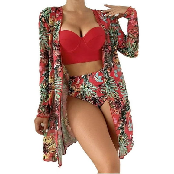 WREESH Womens 3 Piece Swimsuits Tropical Print Bikini Set with Kimono Beach Cover Ups with Chest Pad with Steel Bra Print Split Swimsuit Bikini Bathing Suit Red