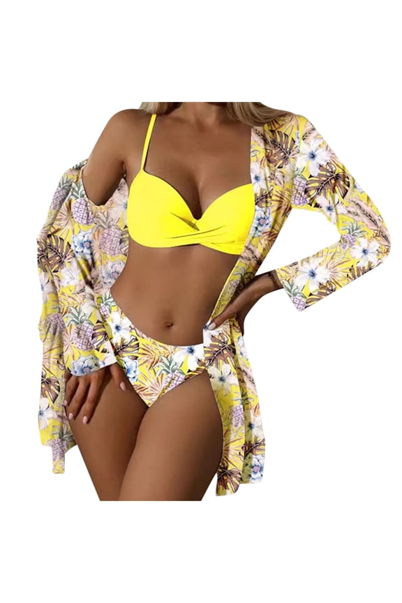 Womens 3 Piece Swimsuits Tropical Print Bikini Set with Kimono Beach Cover Ups Fashion Casual Split Swimsuit Tie High Waist Crystal Beach Bikini Bathing Suit Yellow