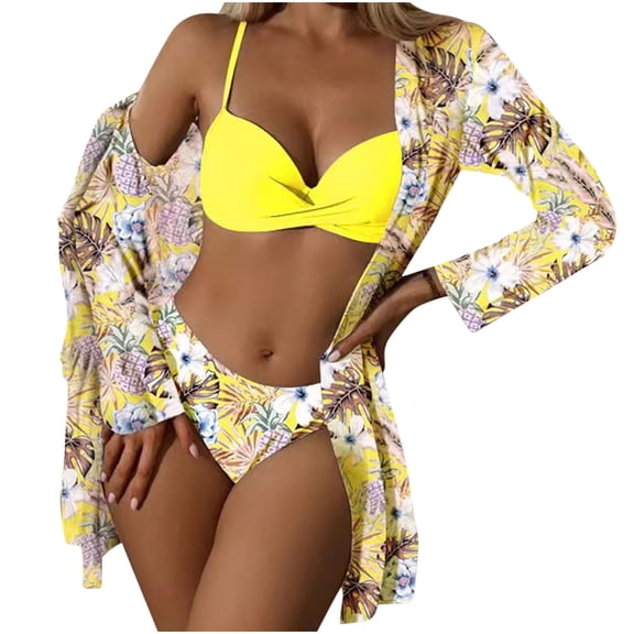 WREESH Womens 3 Piece Swimsuits Tropical Print Bikini Set with Kimono Beach Cover Ups Fashion Casual Split Swimsuit Tie High Waist Crystal Beach Bikini Bathing Suit Yellow