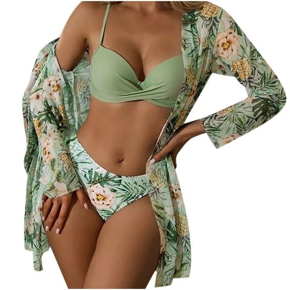 WREESH Womens 3 Piece Swimsuits Tropical Print Bikini Set with Kimono Beach Cover Ups Fashion Casual Split Swimsuit Tie High Waist Crystal Beach Bikini Bathing Suit Olive Green