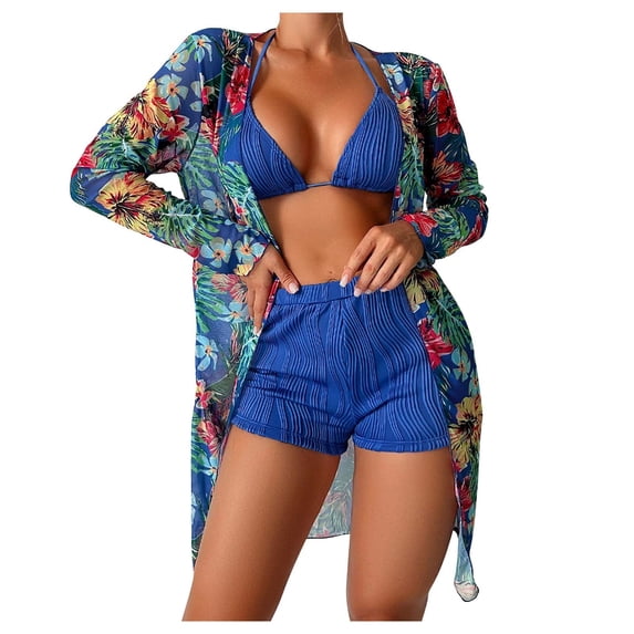 WREESH Womens 3 Piece Swimsuits Tropical Print Bikini Set with Kimono Beach Cover Ups Printed Bikini Straps Bikini Deep V Split Swimsuit Set Swimsuit Set Bathing Suit Blue