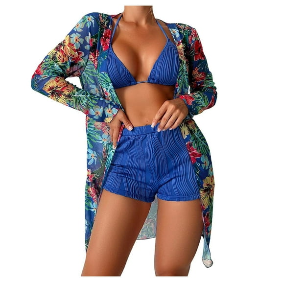 WREESH Womens 3 Piece Swimsuits Tropical Print Bikini Set with Kimono Beach Cover Ups Printed Bikini Straps Bikini Deep V Split Swimsuit Set Swimsuit Set Bathing Suit Blue