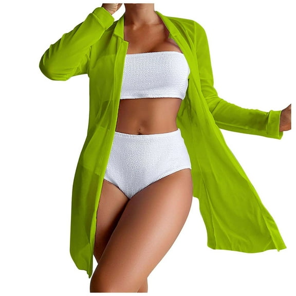 WREESH Womens 3 Piece Swimsuits Tropical Print Bikini Set with Kimono Beach Cover Ups Printed Bikini Straps Bikini Deep V Split Swimsuit Set Swimsuit Set Bathing Suit Green