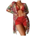 thumbnail image 1 of WREESH Womens 3 Piece Swimsuits Tropical Print Bikini Set with Kimono Beach Cover Ups Printed Bikini Straps Bikini Deep V Split Swimsuit Set Swimsuit Set Bathing Suit Watermelon Red, 1 of 9