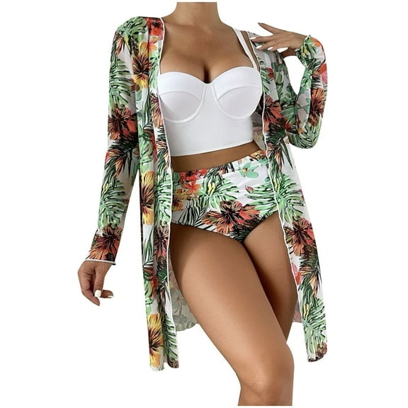 WREESH Womens 3 Piece Swimsuits Tropical Print Bikini Set with Kimono Beach Cover Ups Printed High Waist Mesh Split Swimwear Swimwear Set Bathing Suit White