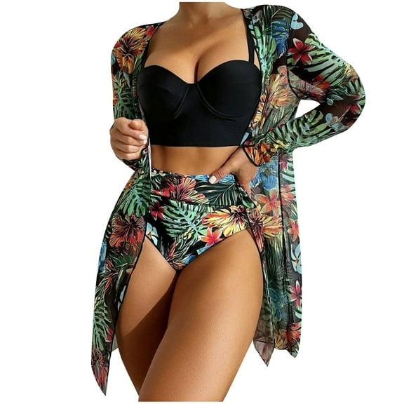WREESH Womens 3 Piece Swimsuits Tropical Print Bikini Set with Kimono Beach Cover Ups Printed High Waist Mesh Split Swimwear Swimwear Set Bathing Suit Black