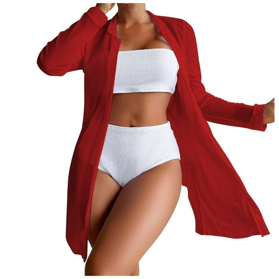WREESH Womens 3 Piece Swimsuits Tropical Print Bikini Set with Kimono Beach Cover Ups Printed Bikini Straps Bikini Deep V Split Swimsuit Set Swimsuit Set Bathing Suit Red