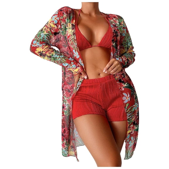 WREESH Womens 3 Piece Swimsuits Tropical Print Bikini Set with Kimono Beach Cover Ups Printed Bikini Straps Bikini Deep V Split Swimsuit Set Swimsuit Set Bathing Suit Watermelon Red