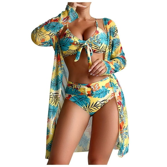 WREESH Womens 3 Piece Swimsuits Tropical Print Bikini Set with Kimono Beach Cover Ups Printed Bikini Straps Bikini Deep V Split Swimsuit Set Swimsuit Set Bathing Suit Yellow