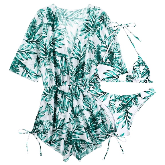WREESH Womens 3 Piece Swimsuits Tropical Print Halter Bikini Set with Beach Cover Ups Romper Fashion Solid and Printed Swimwear Bikini Split Swimsuit Set Bathing Suit Green