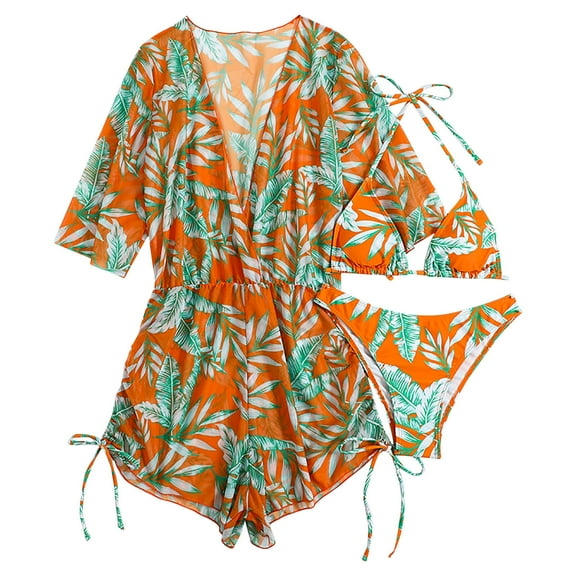 WREESH Womens 3 Piece Swimsuits Tropical Print Halter Bikini Set with Beach Cover Ups Romper Fashion Solid and Printed Swimwear Bikini Split Swimsuit Set Bathing Suit Orange