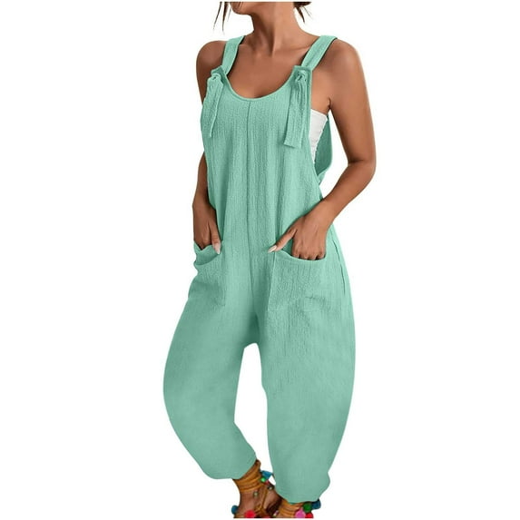 WREESH Womens Baggy Overalls Fashion Summer Solid Color Casual Sleeveless Suspender Jumpsuit Mint Green