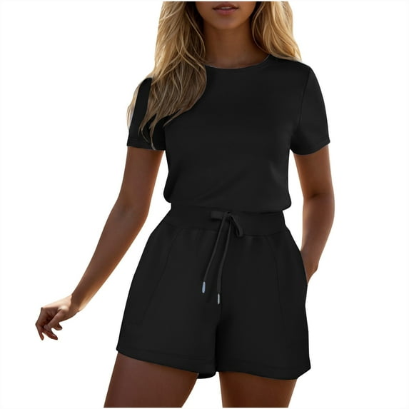 WREESH Womens Summer Casual Dressy One Piece Romper Short Sleeve Tshirt Top with Athletic Shorts Drawstring Waist Beach Vacation Travel Outfit 2025