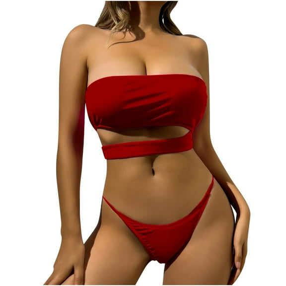 WREESH Womens Bandeau Bikini Sets Solid Color Swimwear Two-Piece Slim Swimsuit Bikini Straped Swimsuits Beach Bathing Suit Red